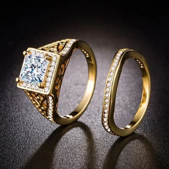 Attractive 18K Gold Plated CZ Wedding Couple Ring, FB16FA1032 - Picture 2 of 3